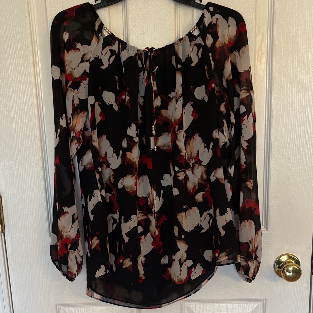 White House Black Market Black and Red Floral Blouse
